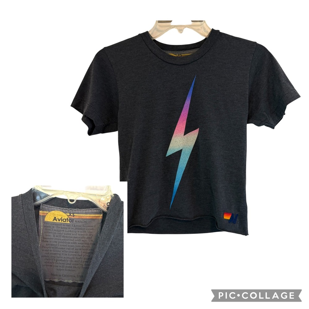 Aviator Nation Charcoal Grey Rainbow Lightning Bolt Tee Shirt XS Snug Fit USA